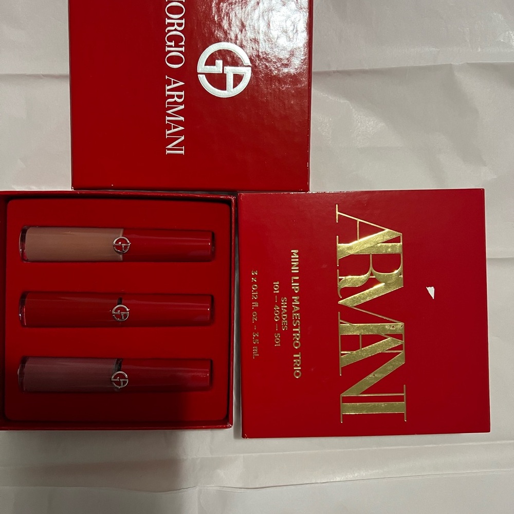 Giorgio Armani Lip Maestro Trio in Red Packaging with Nude, Mauve and Plum Tubes
